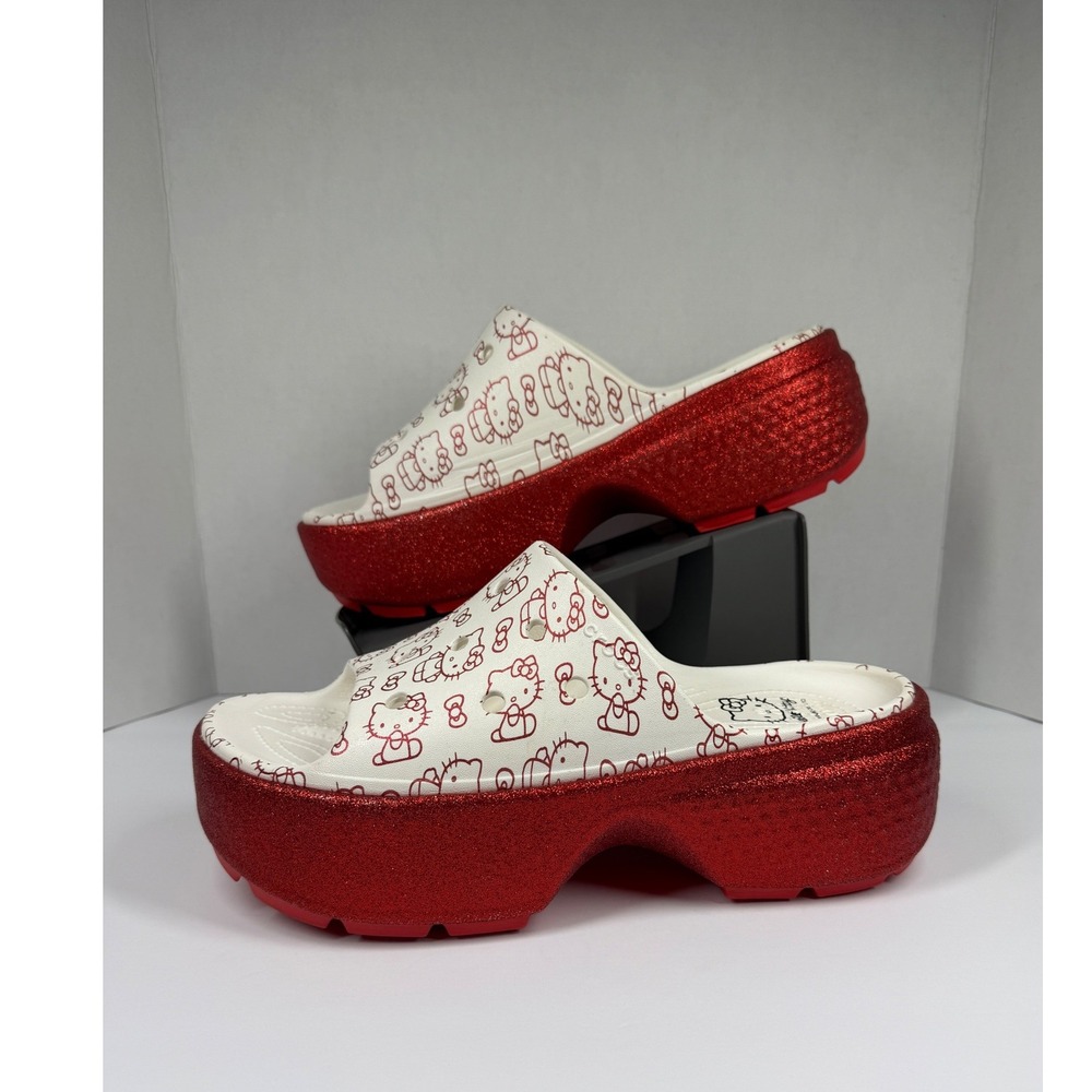 Crocs Stomp Slide Hello Kitty 50th Anniversary Red Glitter Platform Womens 11